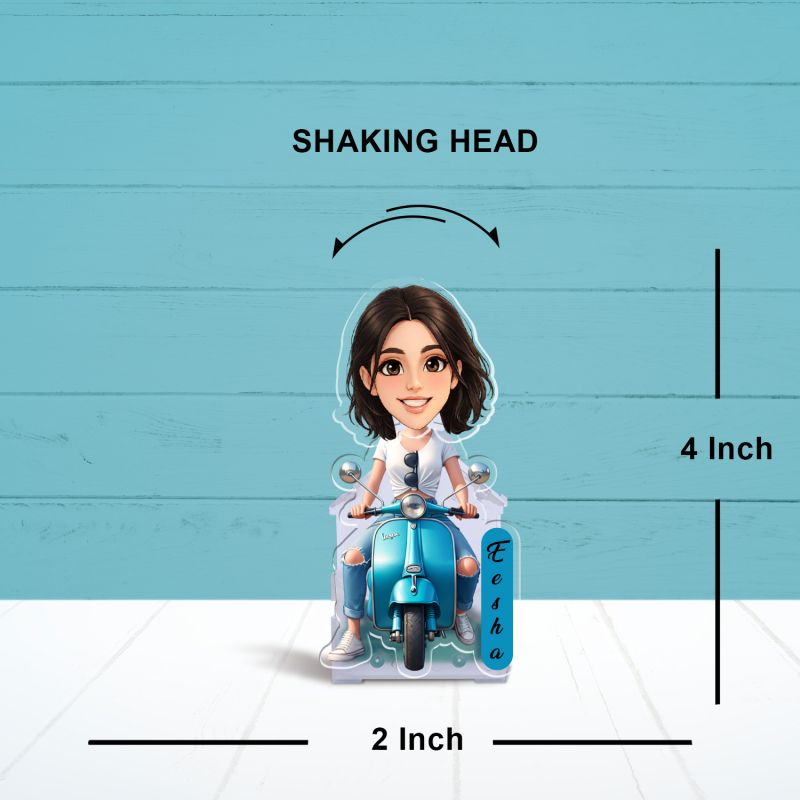 Personalized Scooty Lover Girl Booblehead Caricature for Girls Battery Powered Moving Head Feature Birthday Gift for Daughter, Sister, Mom & Lady Boss Tabletop Decor